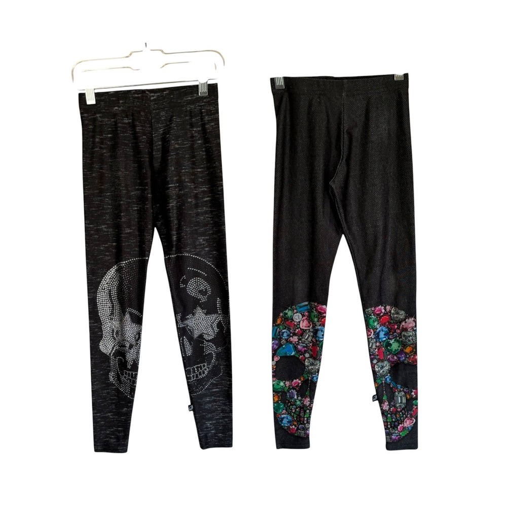 Terez Leggings Two Pair Girls Sz S Skull Jewel Graphic Black Gray Athleisure